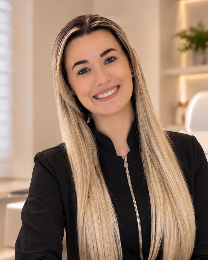 Dra. Andrieli Rossa sorrindo em seu consultório